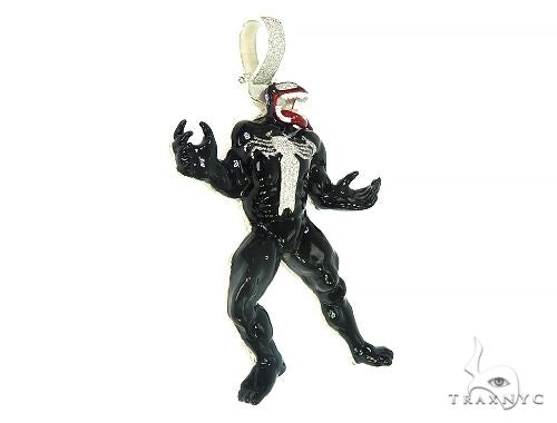 Black enamel and silver Venom pendant with diamond accents on bail, dynamic character pose