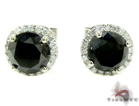 Black diamond cluster stud earrings with white diamond halo in white metal setting