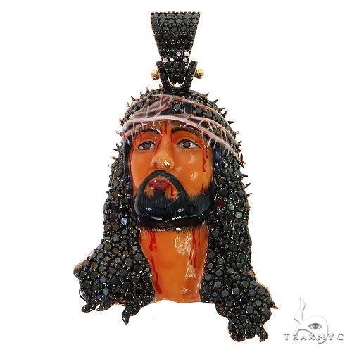 Large black diamond-encrusted Jesus pendant with crown of thorns and detailed facial features