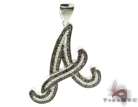Diamond initial A pendant in 10k white gold with prong-set black and white round diamonds, front view