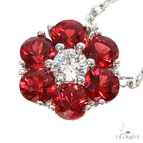 14K Gold Blood Red Sapphire Diamond Flower Necklace, photo 3 of 6