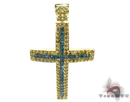Yellow gold cross pendant with blue canary diamonds in a classic crucifix design