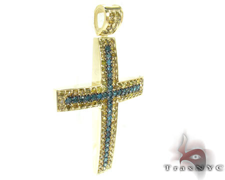 14K Gold Blue Canary Diamond Cross Crucifix, photo 2 of 7