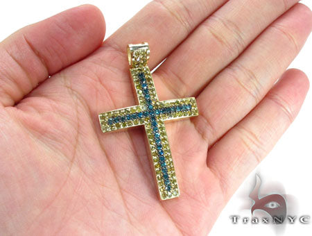 14K Gold Blue Canary Diamond Cross Crucifix, photo 7 of 7