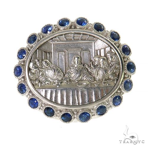Silver men's ring with Last Supper engraving surrounded by blue gemstones