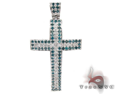 Blue and white diamond cross bracelet in 14k white gold – front-facing view showing round-cut diamond cross motif