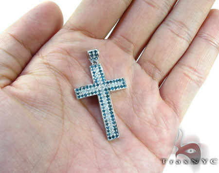14K White Gold Blue and White Diamond Cross, view 4