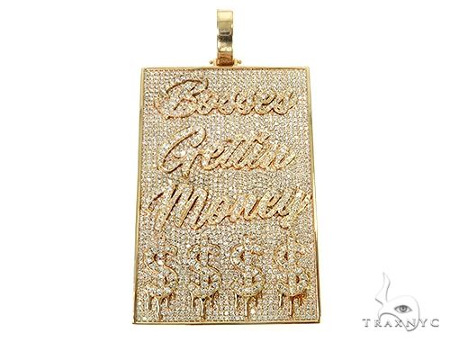 Diamond pendant in gold with figure relief and multi-stone setting, front angle