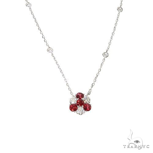 Silver chain necklace with red sapphire and diamond flower pendant