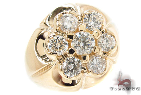 Yellow gold men's ring with seven channel-set round diamonds in a floral cluster