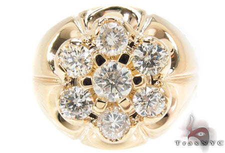 Yellow gold men's ring with seven round diamonds arranged in a floral cluster design