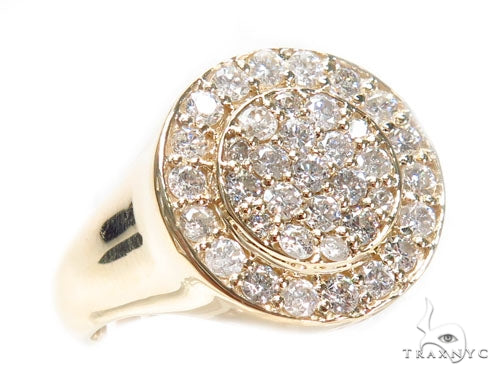 Men's diamond ring with round-cut stones set across a sculpted gold band, front-facing view