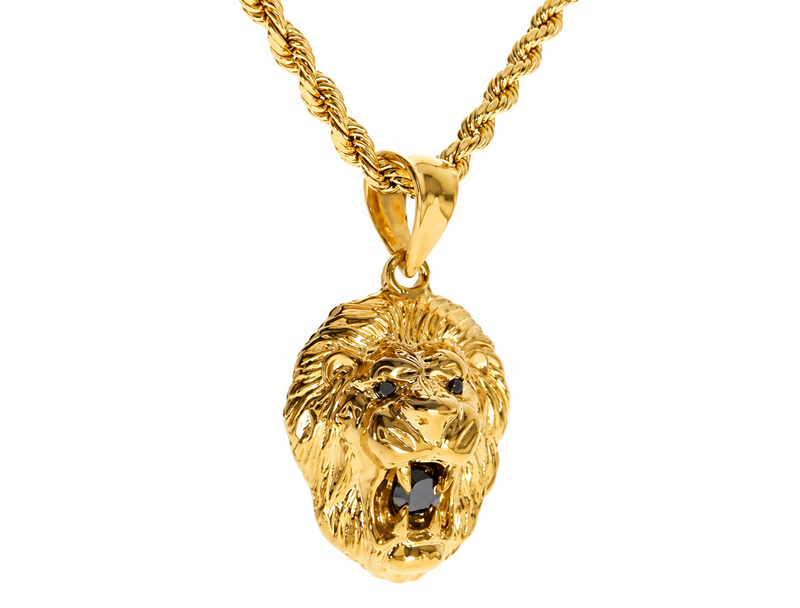 TraxNYC Black Diamond Lion Pendant and Rope Chain Set in 10K gold, view 2