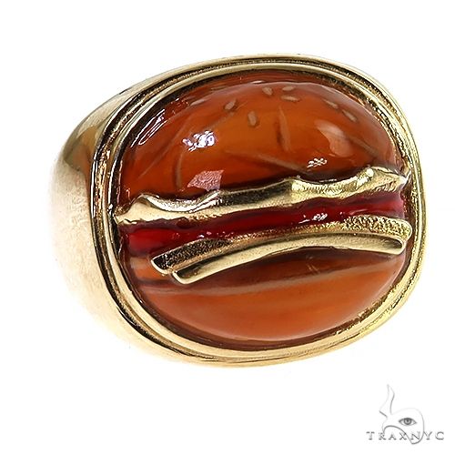 Yellow gold ring with glossy cheeseburger design and detailed bun texture