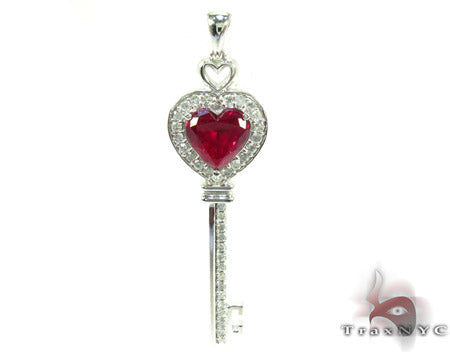 Synthetic Vivid Red Ruby Heart Key Pendant 25107 - Image 1