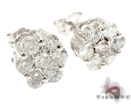 White gold flower cluster diamond stud earrings with round brilliant diamonds