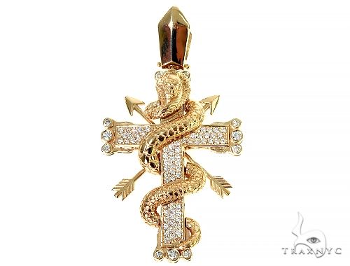 Diamond cobra cross pendant in gold-tone metal — front-facing view showing cobra detailing and pavé-set diamond cross
