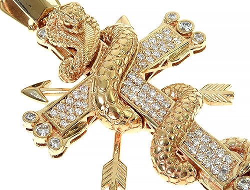 Yellow gold cross pendant with diamond accents and coiled cobra design for men