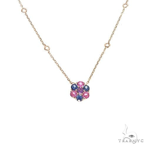 Yellow gold necklace with pink and blue sapphire flower pendant and small diamond accents