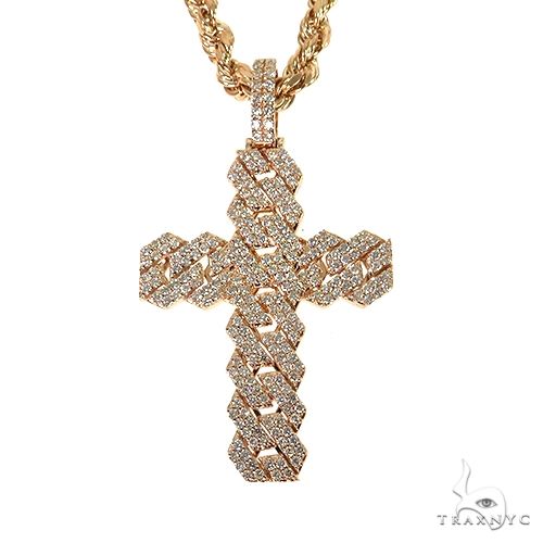 Yellow gold Cuban link chain with diamond-encrusted cross pendant men's set