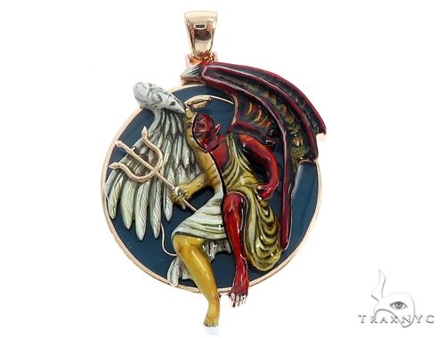 Custom 14K yellow gold angel and demon charm pendant – sculpted two-figure relief, front view