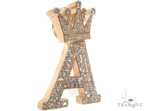 Yellow gold initial A pendant with diamond crown and pavé diamond accents