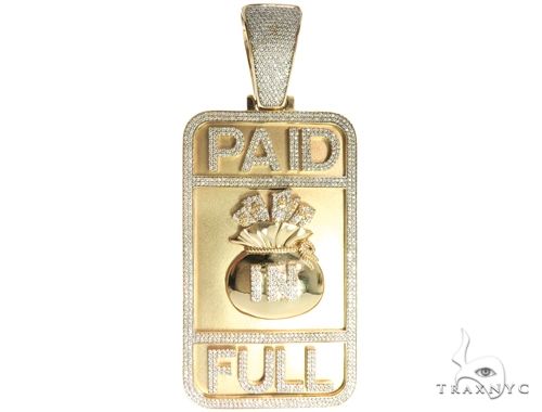 Yellow gold dog tag pendant with diamond "Paid In Full" design and money bag detail
