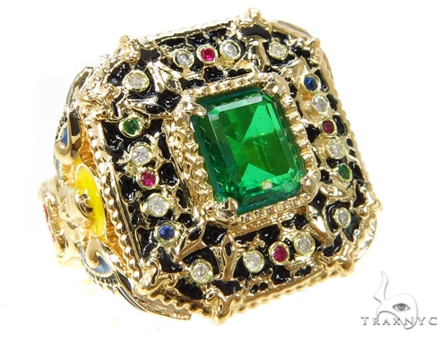 Custom emerald angel ring in 18k yellow gold with round-cut diamond accents – front three-quarter view