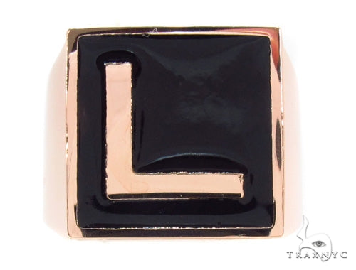 Gold-tone enamel ring with bold black square and raised L initial design