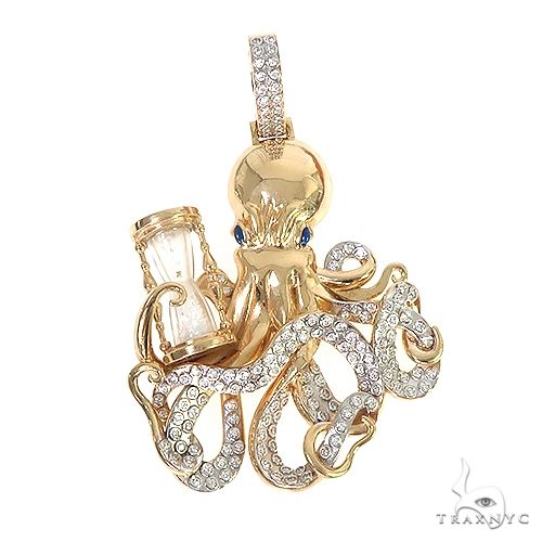 Custom 14k gold octopus pendant, solid yellow gold with detailed tentacle relief sculpting, front view