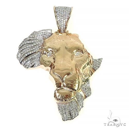 Custom diamond lion face pendant in 14k yellow gold with pavé-set diamonds across mane and facial features