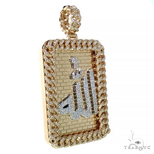 Yellow gold diamond-studded Allah pendant with Miami Cuban frame and textured background