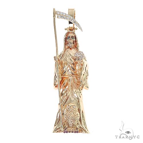 Custom angel of death pendant in 14k yellow gold – front-facing sculptural figure with detailed bone and wing work