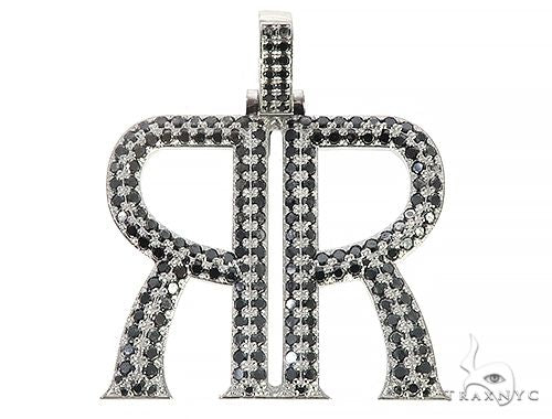 Custom mirrored 'R' initial pendant with round black diamonds set across both faces, front angle