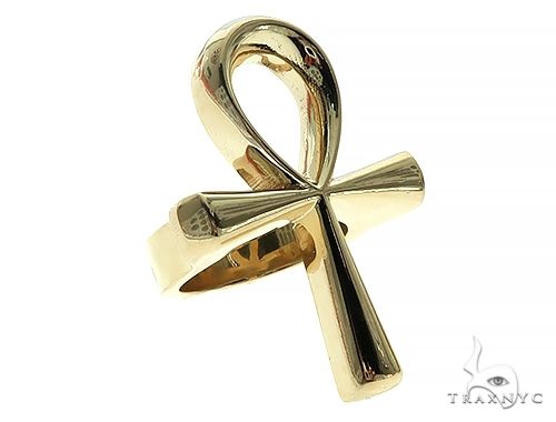 Yellow gold heavy men's ring with large Egyptian ankh symbol design