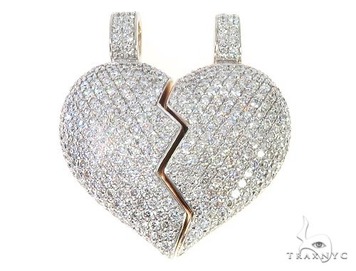 Custom broken heart diamond pendant in white gold — split heart silhouette with pavé diamond setting, front view