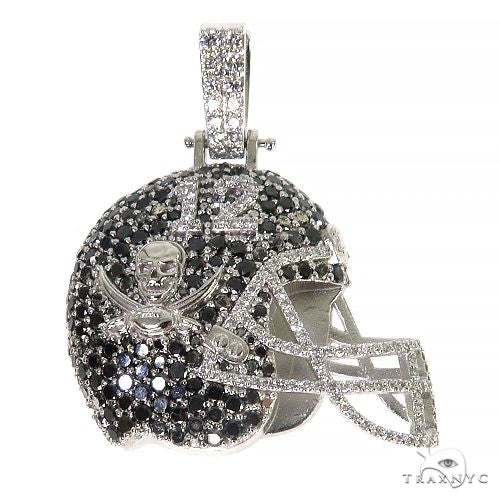 Custom Buccaneers helmet diamond pendant, iced out with pavé-set diamonds across helmet panels, front angle