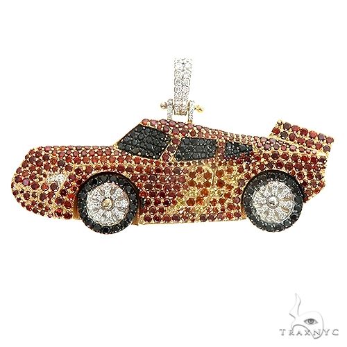 Custom diamond car pendant in yellow gold-tone – round-cut diamond-set vehicle silhouette, front three-quarter view