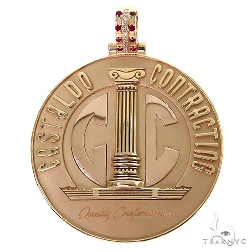 Custom diamond pendant with Castaldo Contracting design – front-facing view showing stone setting and logo detail