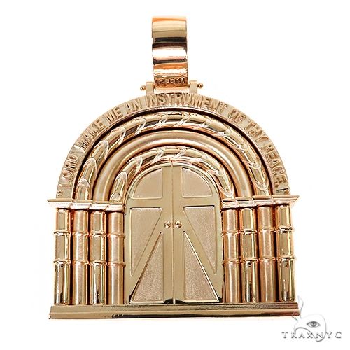 Custom cathedral door pendant in metal – front view showing gothic arch and door-panel relief detail