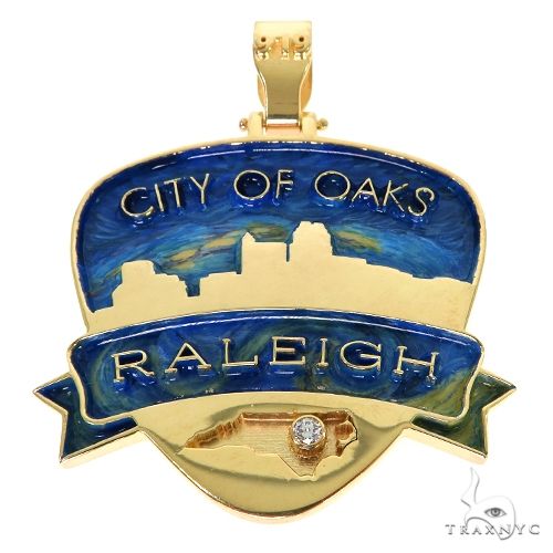 Custom city of Oaks Raleigh diamond pendant – front view showing cityscape silhouette with diamond-set border