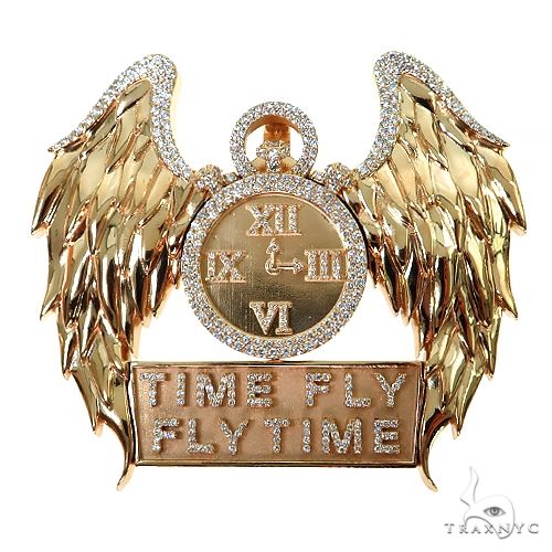 Custom diamond clock pendant in gold – front-facing view showing full Time Fly motif and pavé stone coverage