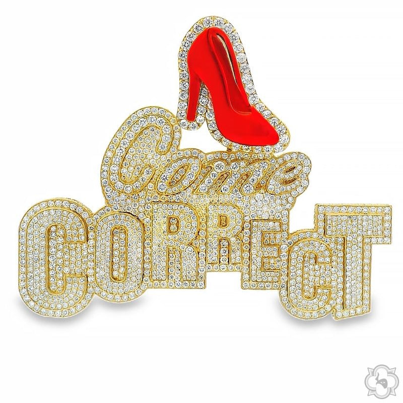 Yellow gold diamond pendant with "Come Correct" text and a red high heel shoe design