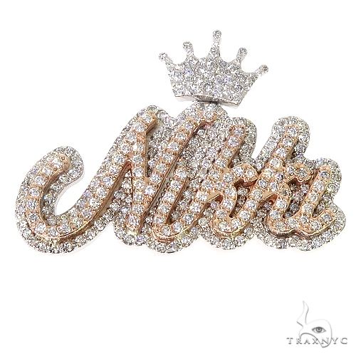 Custom crown name diamond pendant in 14k two-tone gold – prong-set round diamonds across lettering and crown top