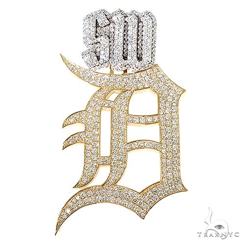 Custom 'D' logo diamond pendant in gold with round prong-set diamonds, front-facing view
