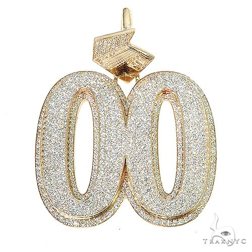 Custom diamond '00' pendant in 14k gold — diamond-set double-zero face, front angle