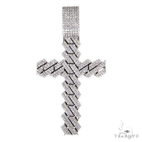 Custom diamond cross pendant in 14k gold with prong-set round-cut diamonds, Cuban link frame, front view