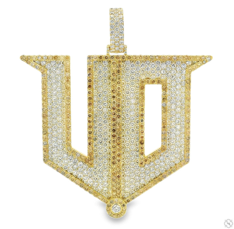 Yellow gold diamond initial pendant with pave-set stones, bold geometric design