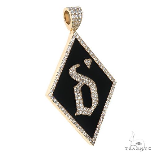 Yellow gold diamond initial 'Q' pendant with black enamel background in a diamond shape