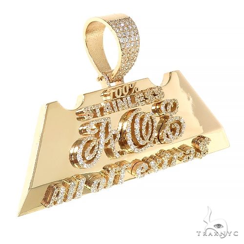 Custom diamond logo pendant in yellow gold with round-cut diamonds set across the full face — front view